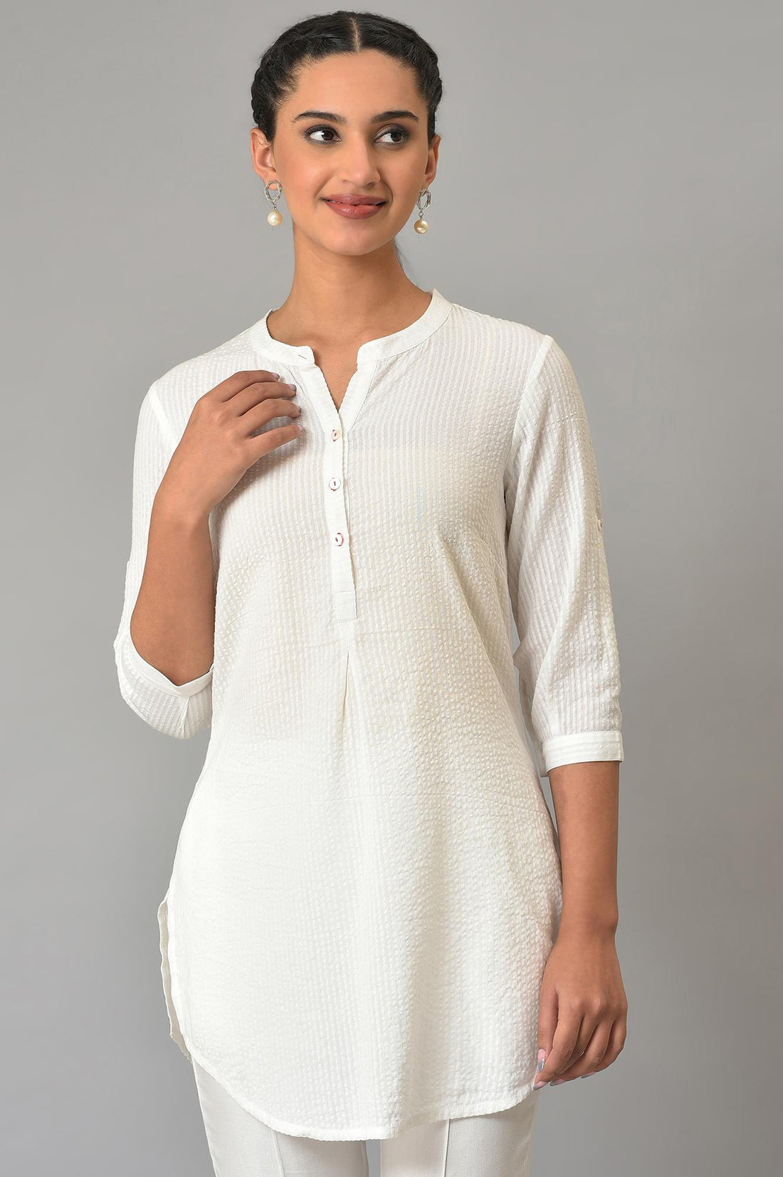 Buy White Sheer Sucker Mandarin Collar kurta Online for Woman