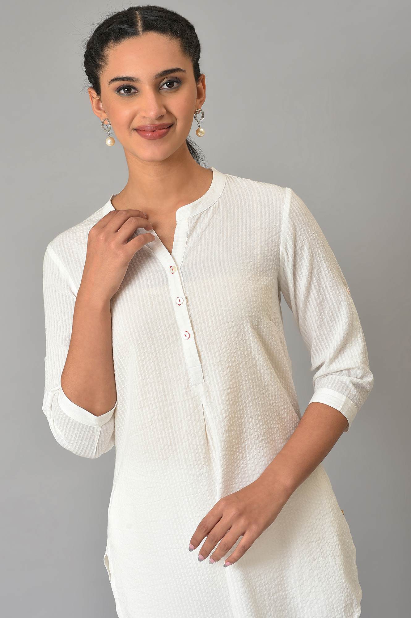 White Sheer Sucker Mandarin Collar kurta