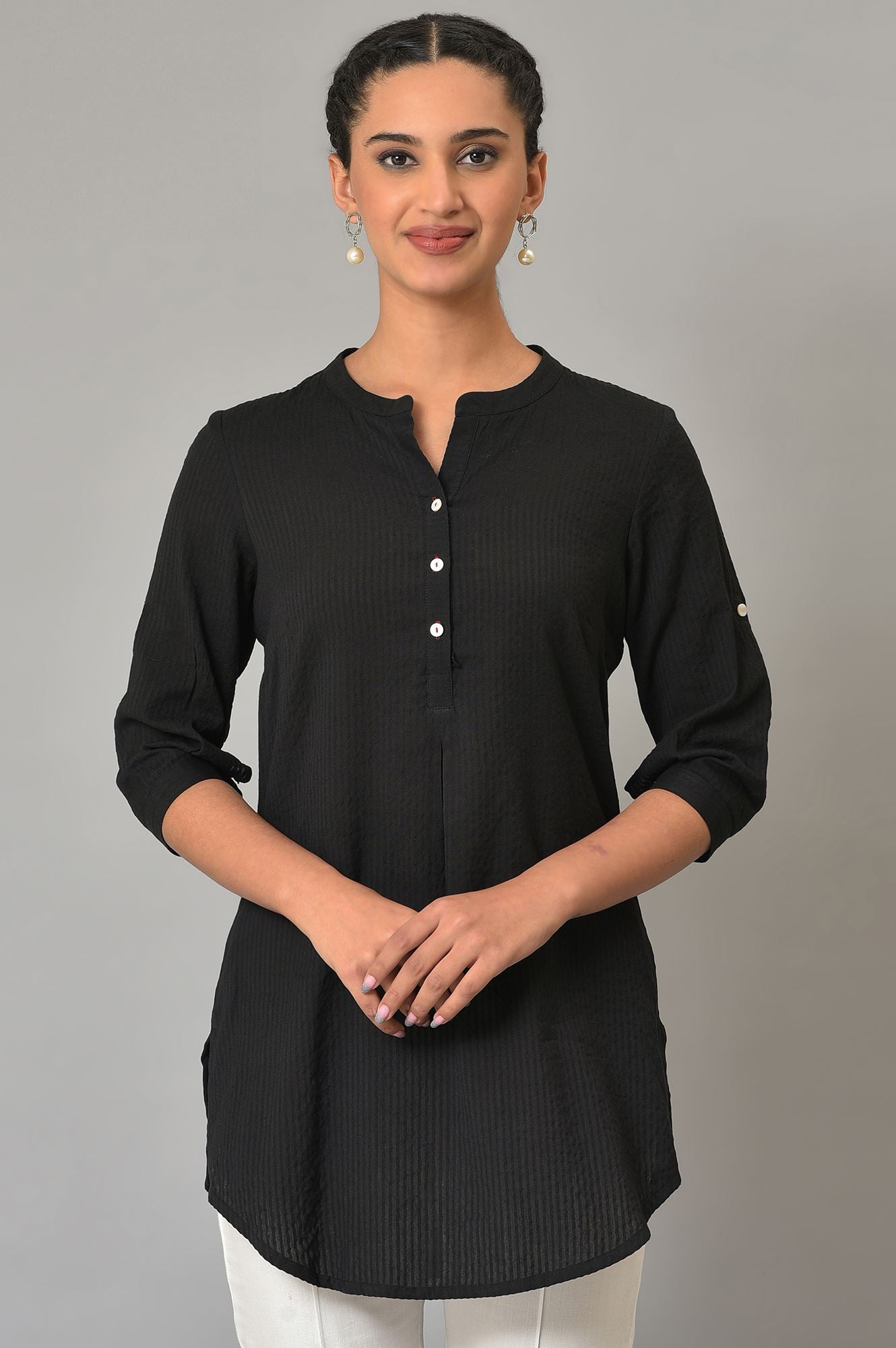 Black Sheer Sucker Mandarin Collar kurta