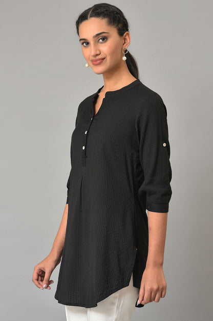 Black Sheer Sucker Mandarin Collar kurta