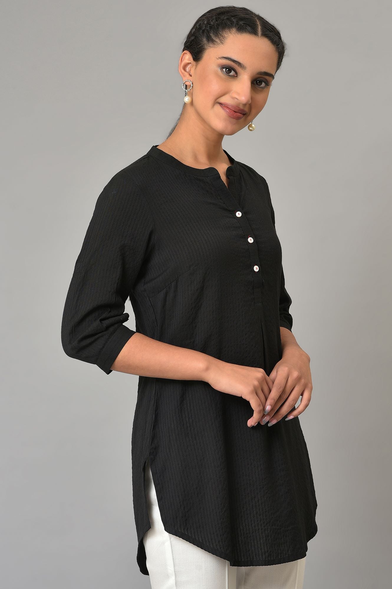 Black Sheer Sucker Mandarin Collar kurta