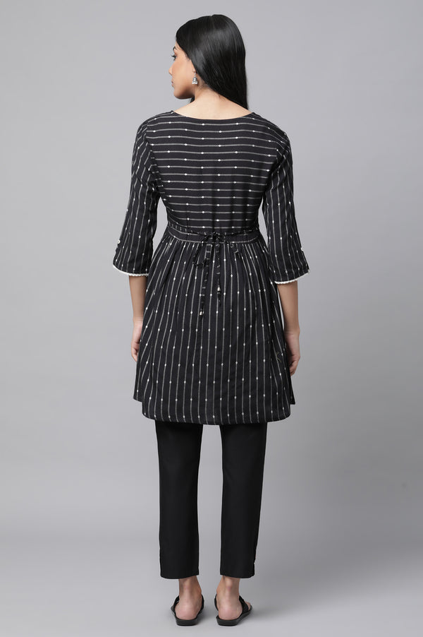 Black Dobby Fit And Flare kurta