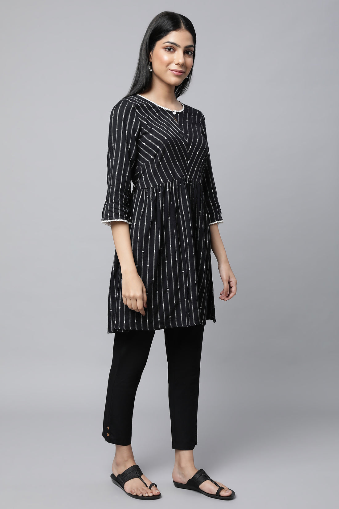 Black Dobby Fit And Flare kurta