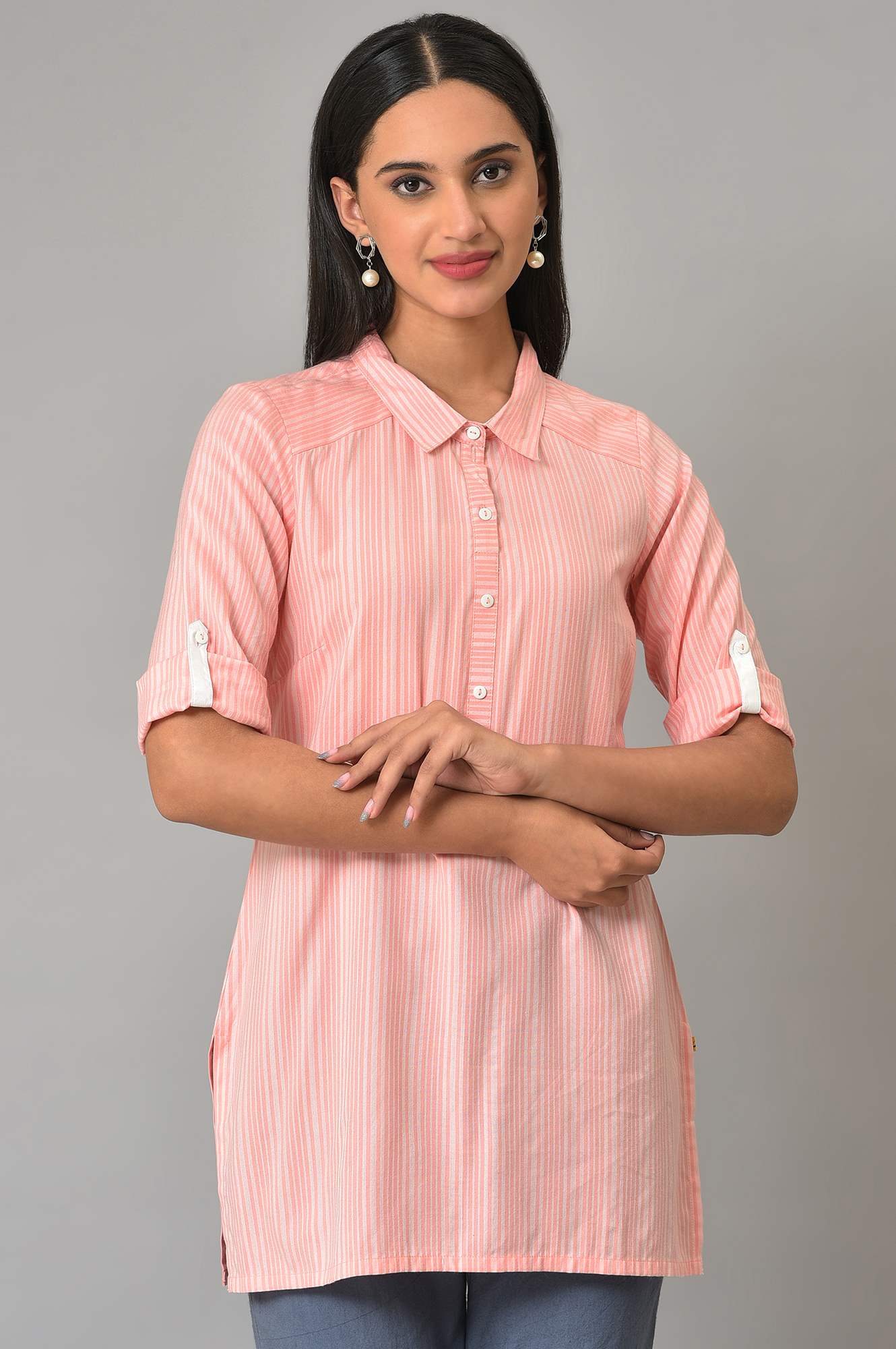 Peach Stripe Print Yarn-Dyed Plus Size kurta