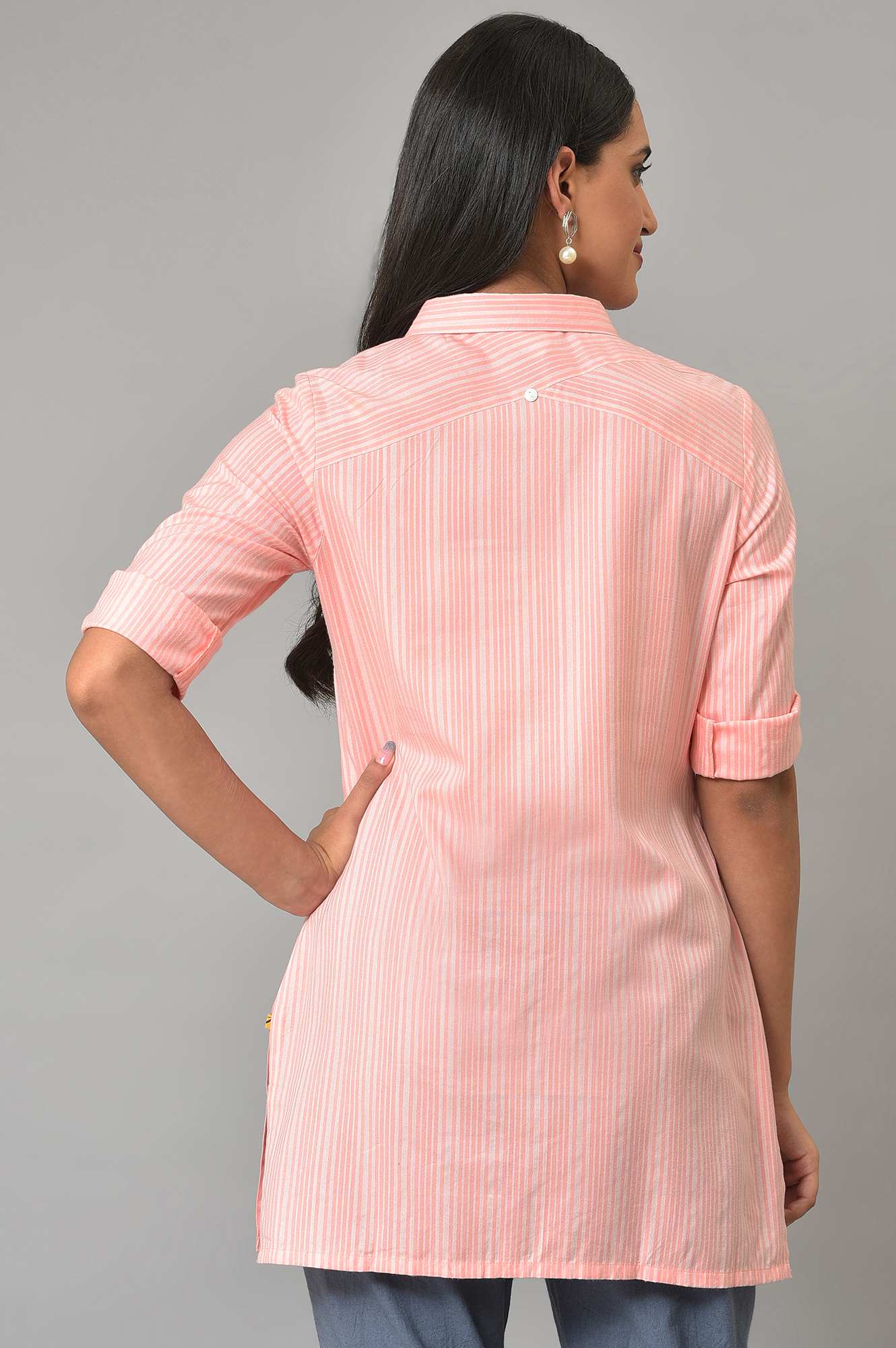 Peach Stripe Print Yarn-Dyed Plus Size kurta