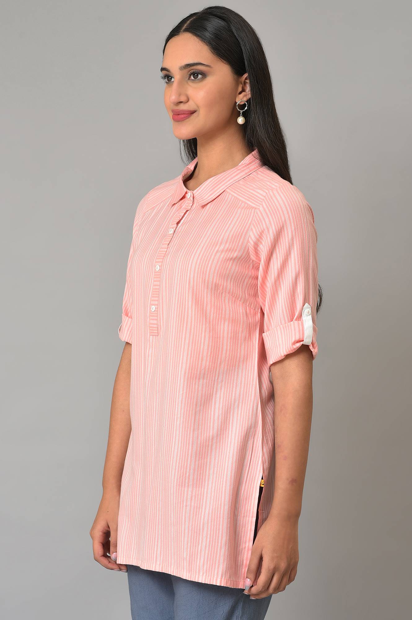 Peach Stripe Print Yarn-Dyed Plus Size kurta