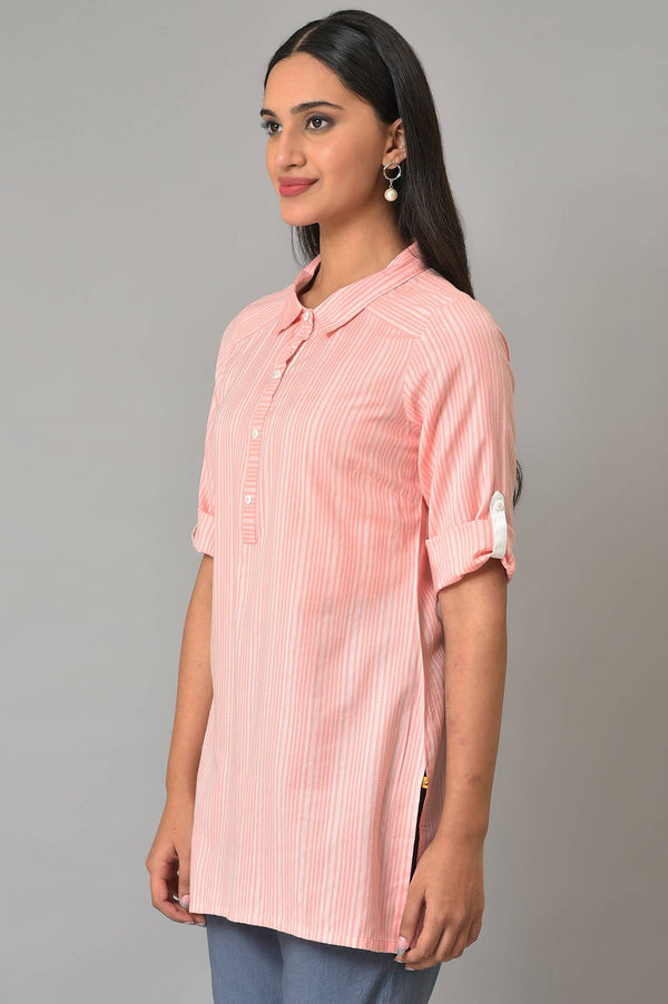 Peach Stripe Print Yarn-Dyed kurta