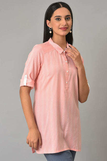 Peach Stripe Print Yarn-Dyed Plus Size kurta