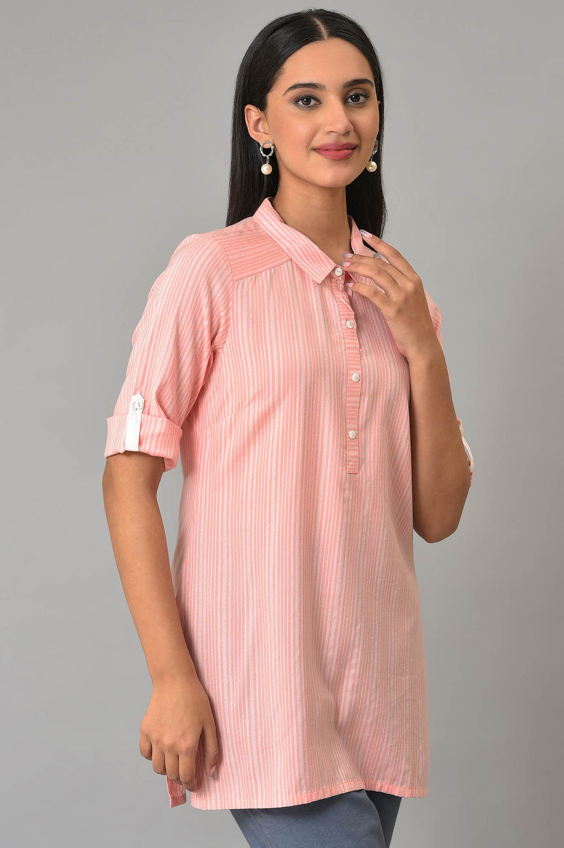 Peach Stripe Print Yarn-Dyed kurta