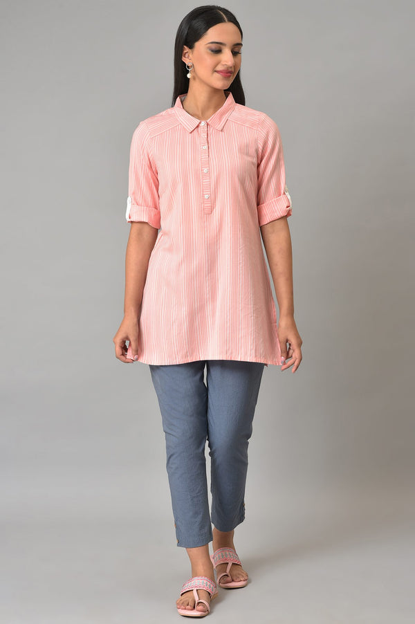 Peach Stripe Print Yarn-Dyed kurta
