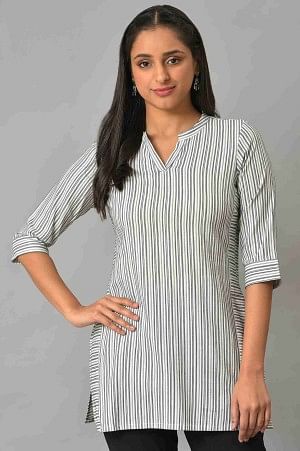 White Striped Collar Band With V-Slit Kurti