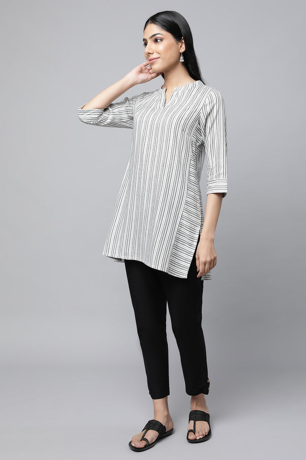 White Striped Collar Band With V-Slit Kurti