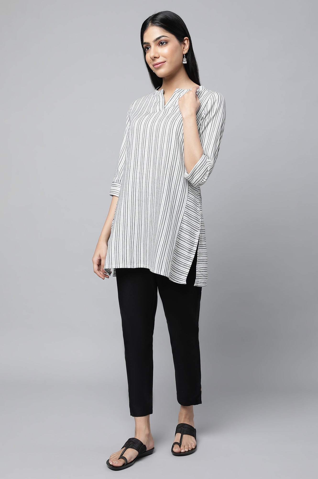 White Striped Collar Band With V-Slit Plus Size kurta