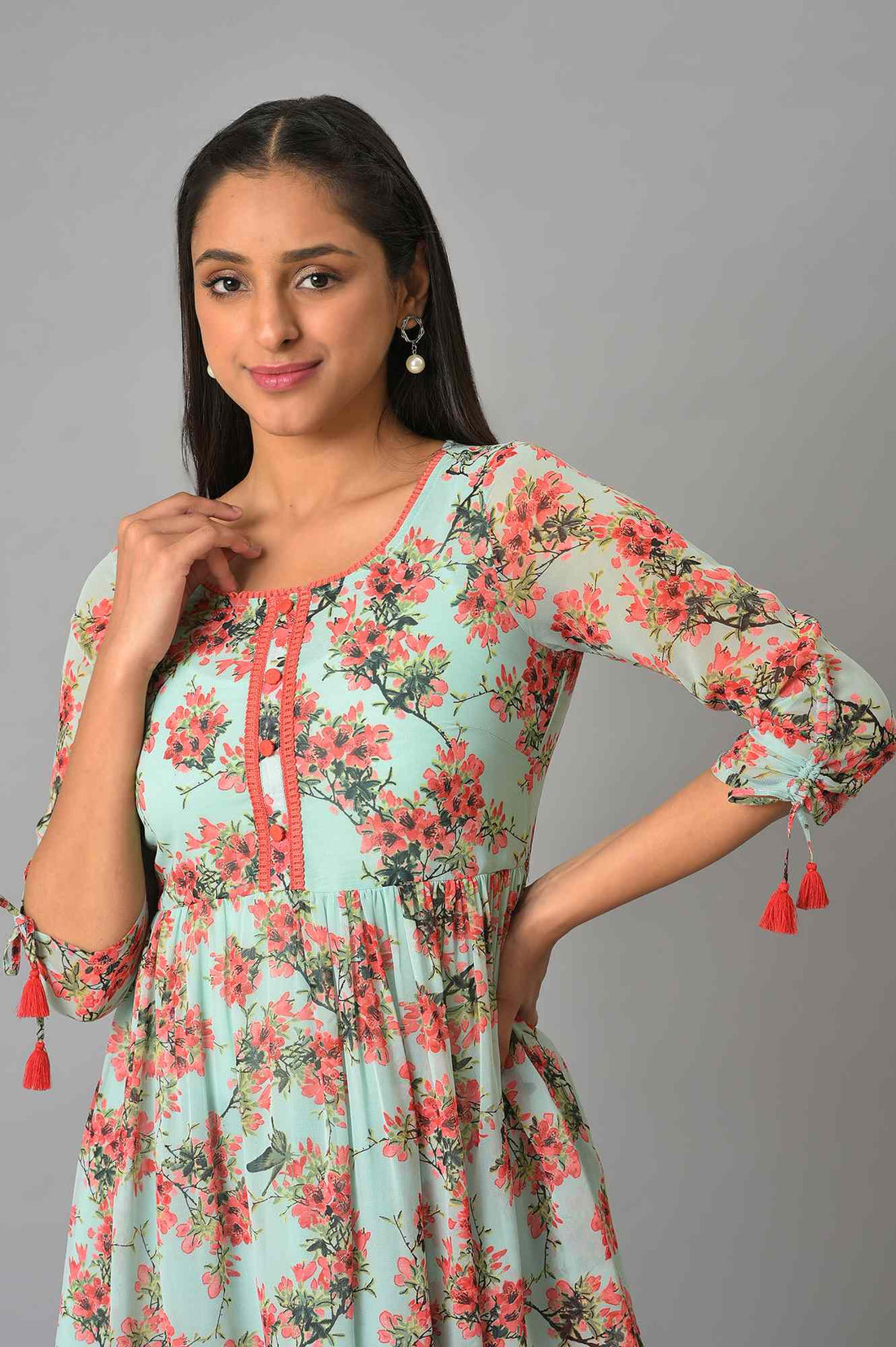 Green Floral Short Chiffon kurta
