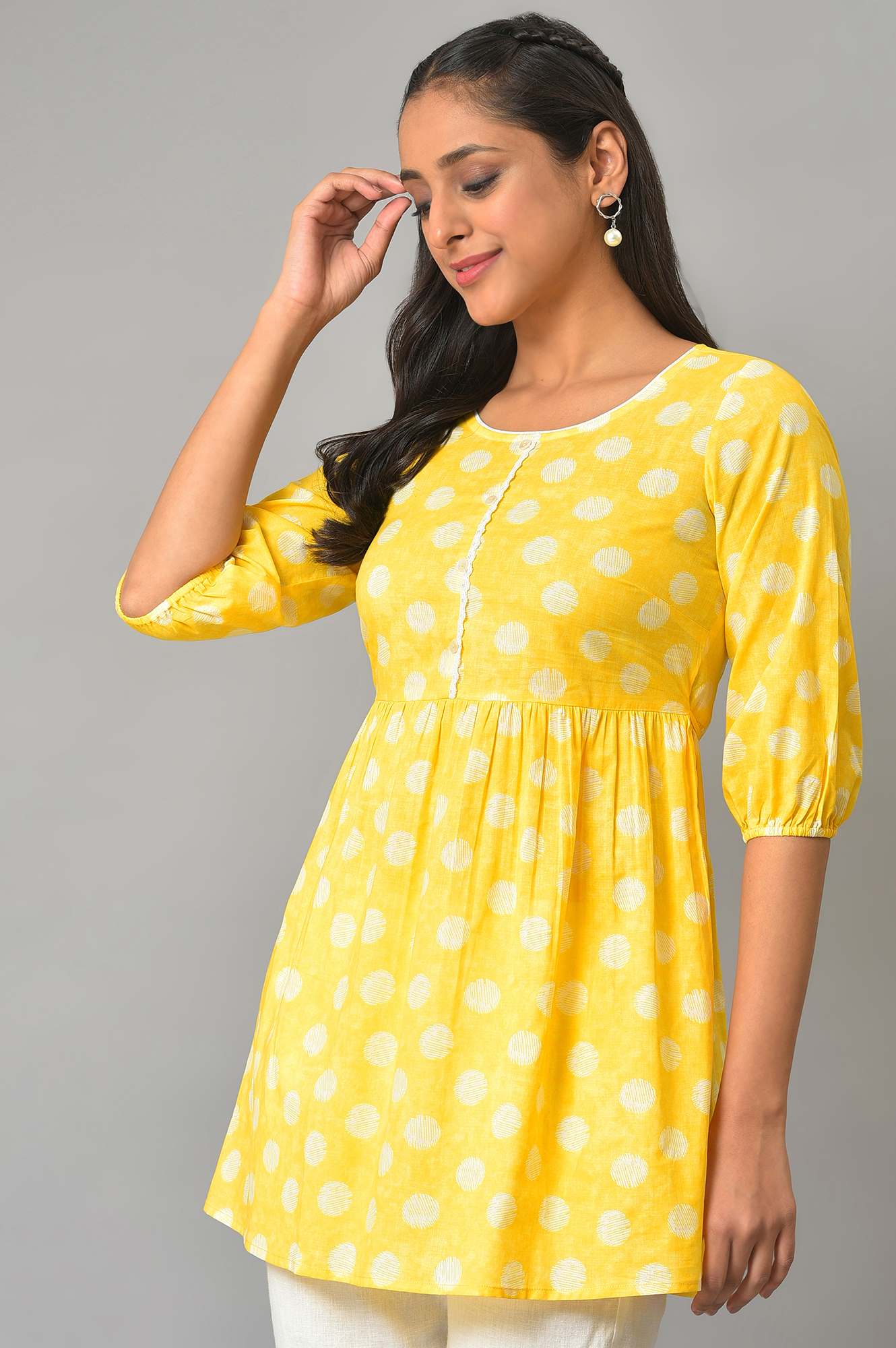 Yellow Floral Printed Short kurta