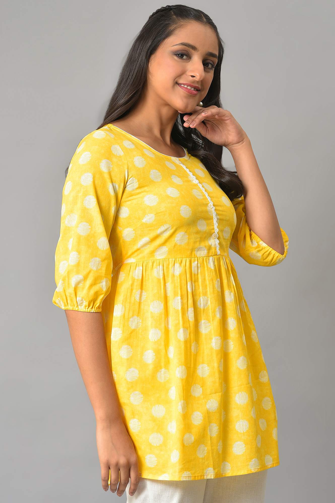 Yellow Floral Printed Short kurta