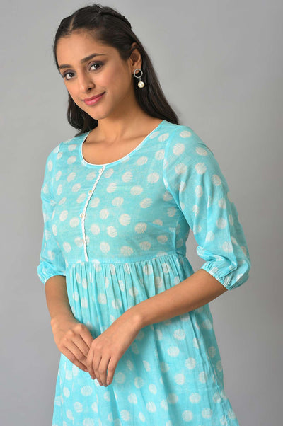 Blue Pure Cotton Flared Kurti and Jegging Set