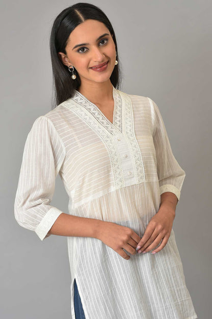 White Striped Cotton V-Neck kurta