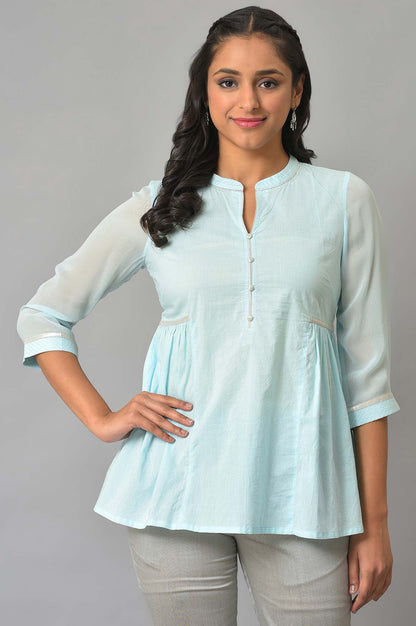 Blue Cotton Gathered Short kurta