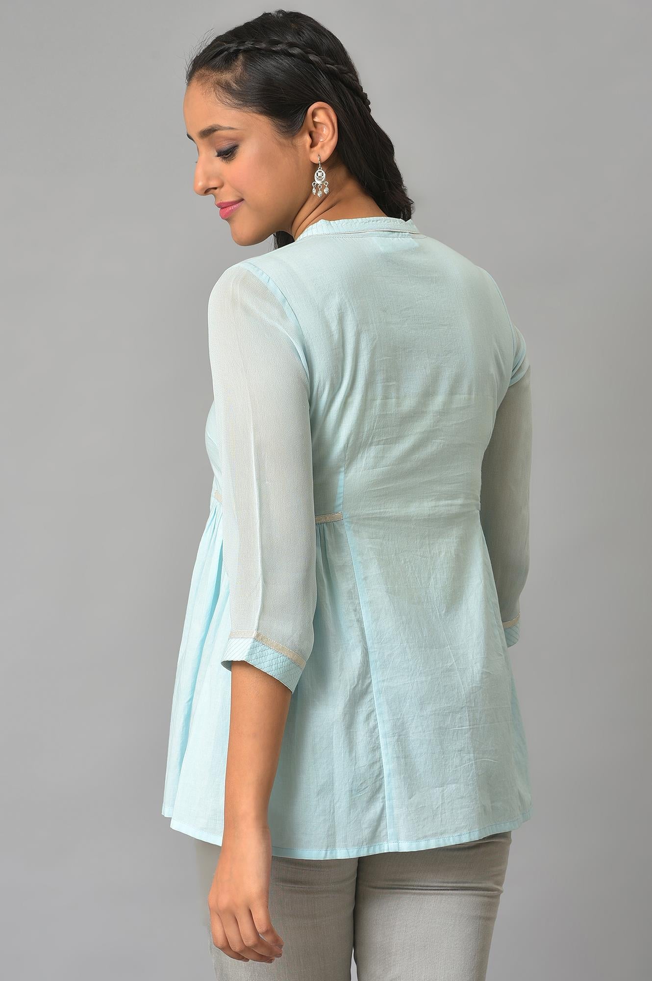 Blue Cotton Gathered Plus Size Short kurta