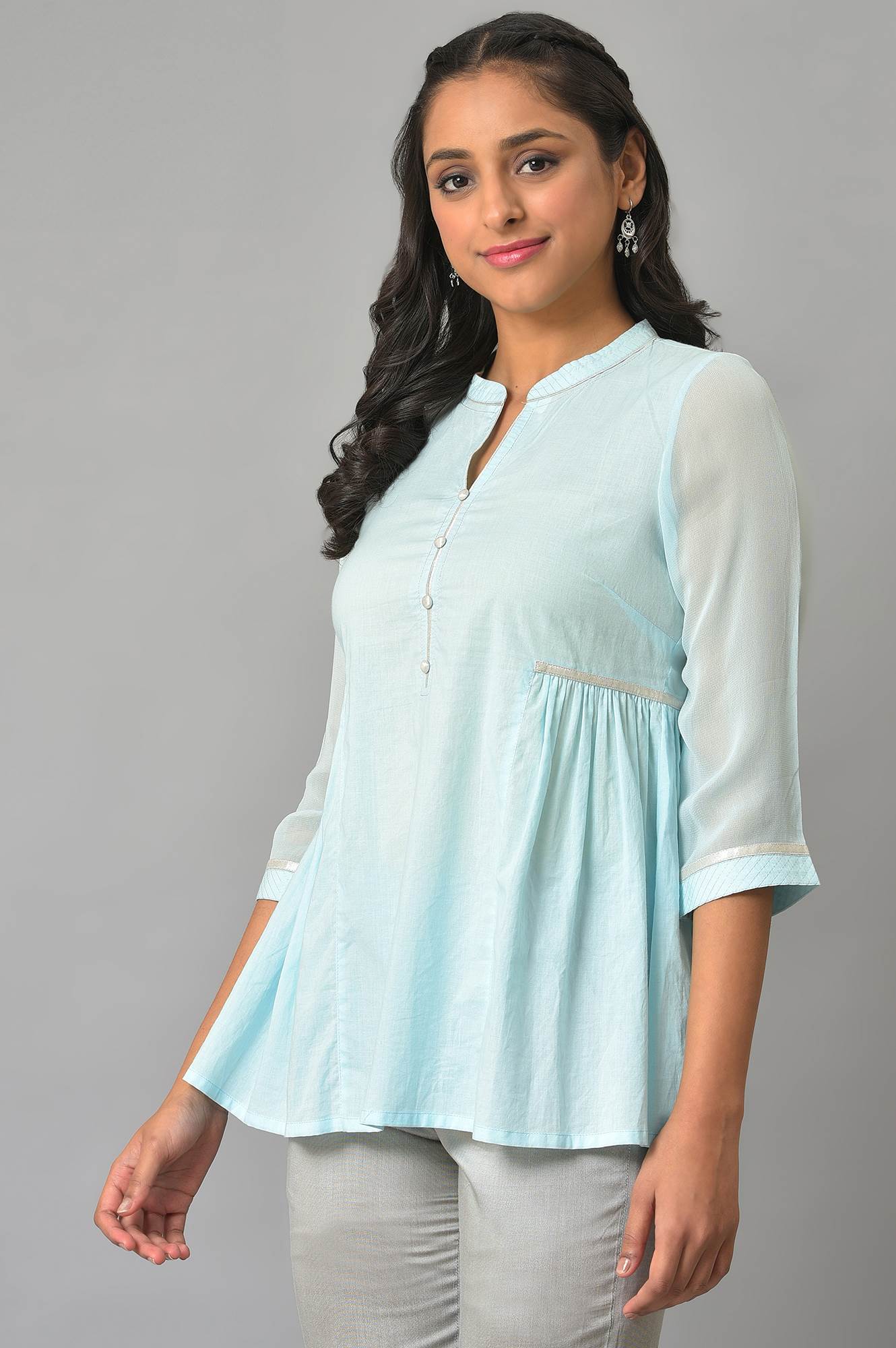 Blue Cotton Gathered Plus Size Short kurta