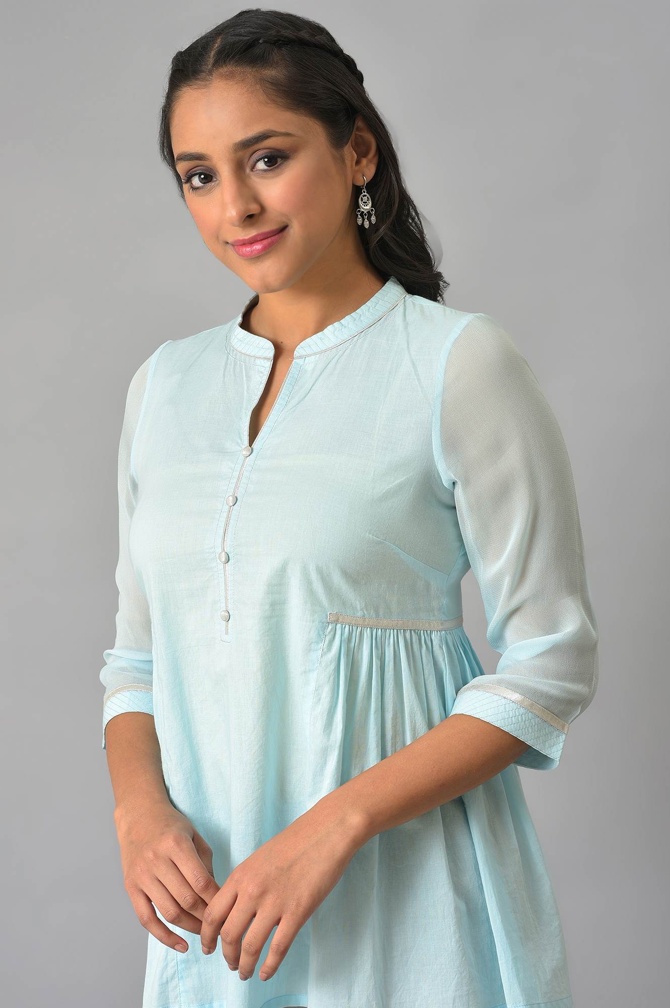 Blue Cotton Gathered Short kurta