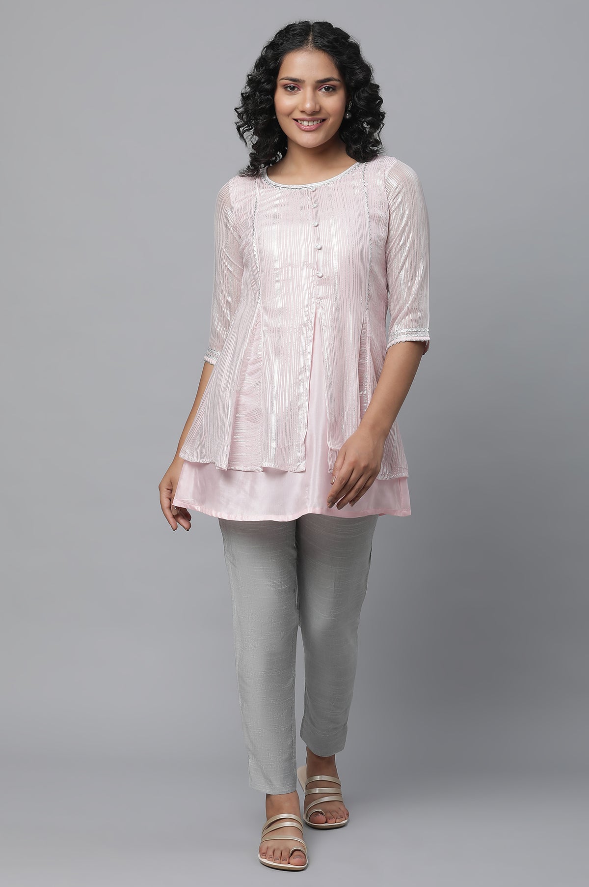 Pink Short kurta With Silver Lace Details - XS