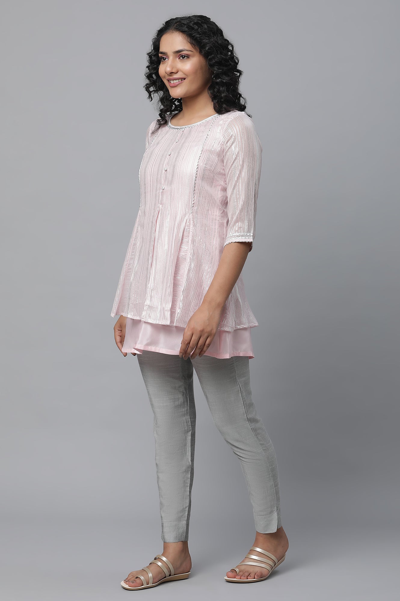 Pink Short kurta With Silver Lace Details