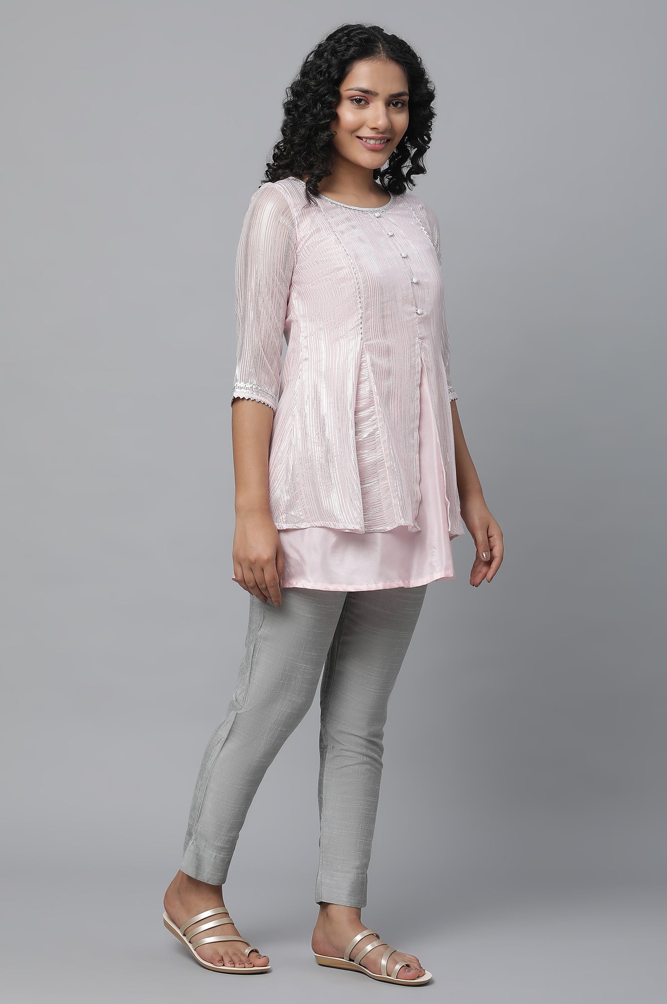 Pink Short kurta With Silver Lace Details