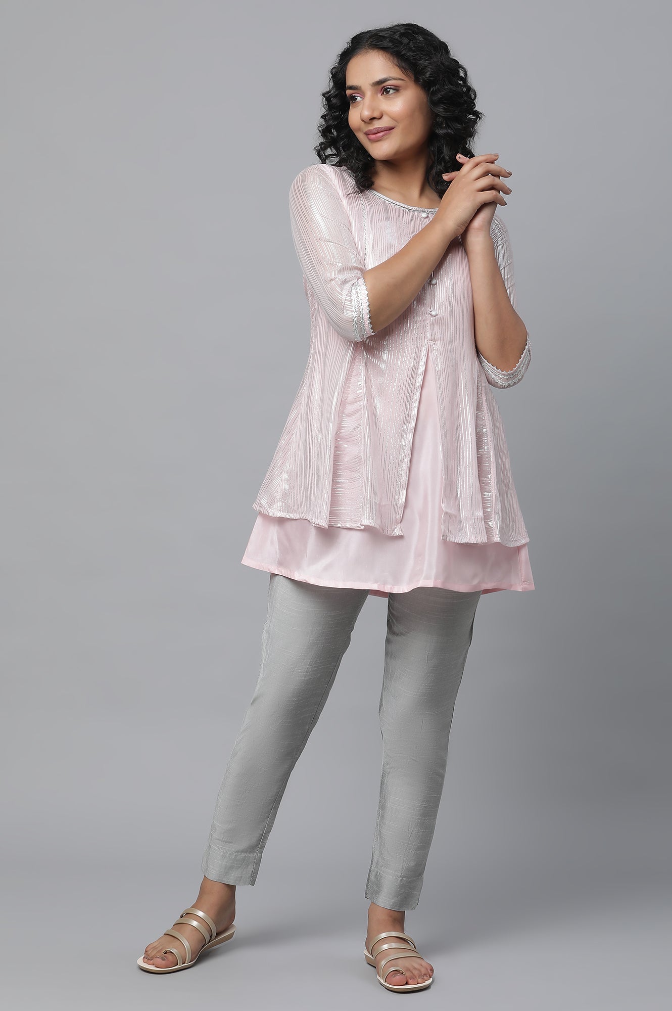 Pink Short kurta With Silver Lace Details