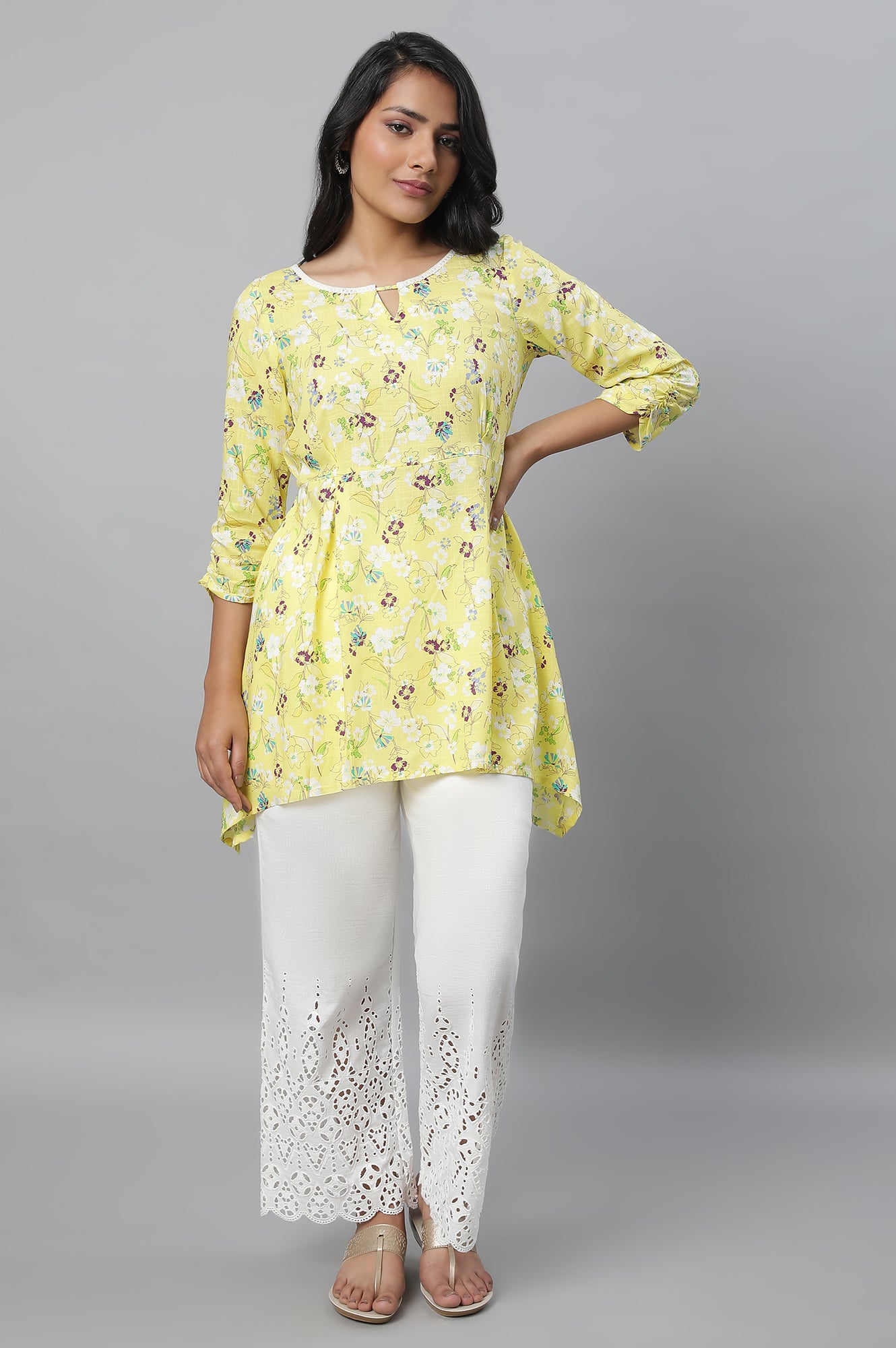 Yellow Floral Print Short kurta