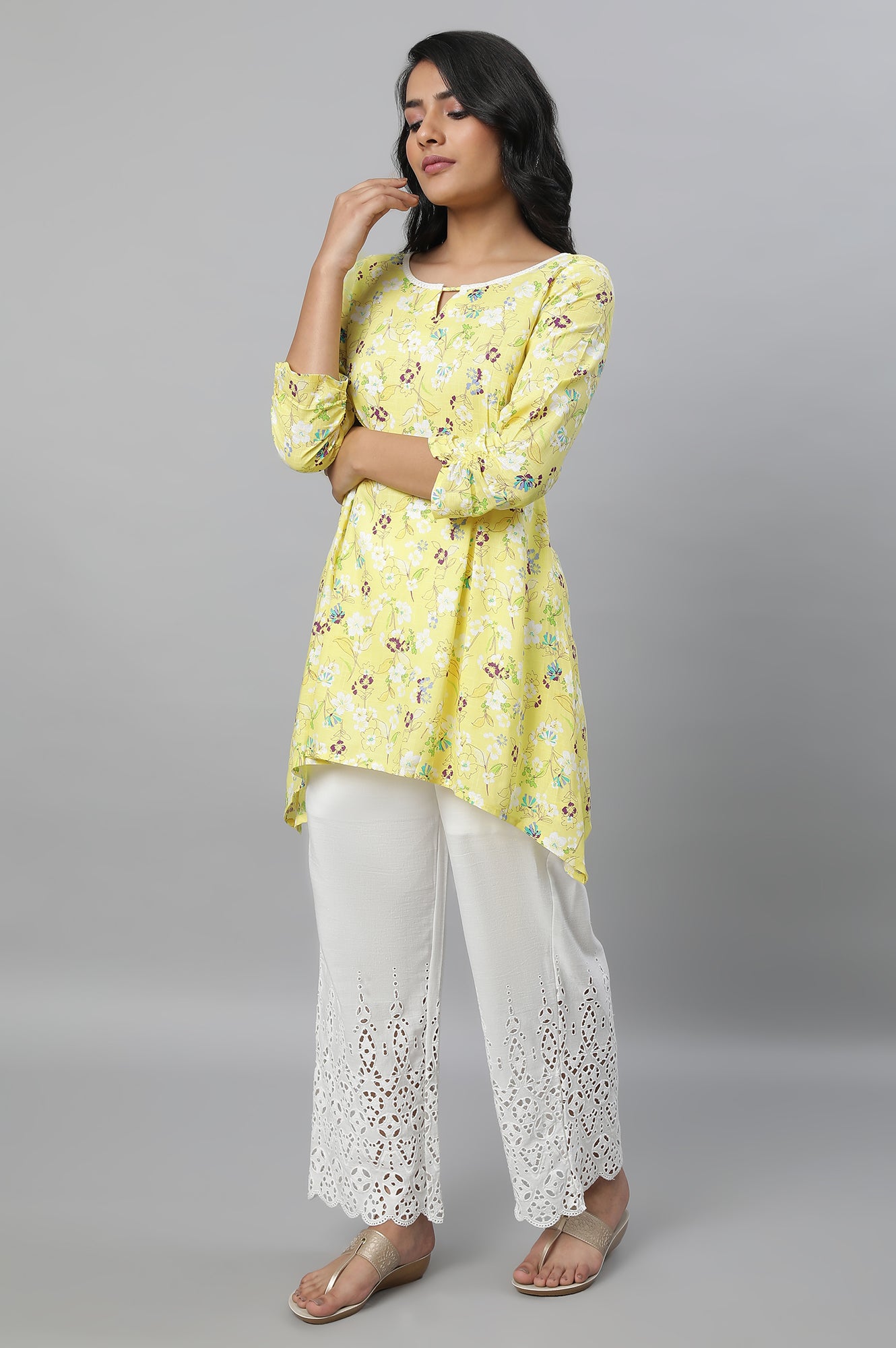 Yellow Floral Print Short kurta