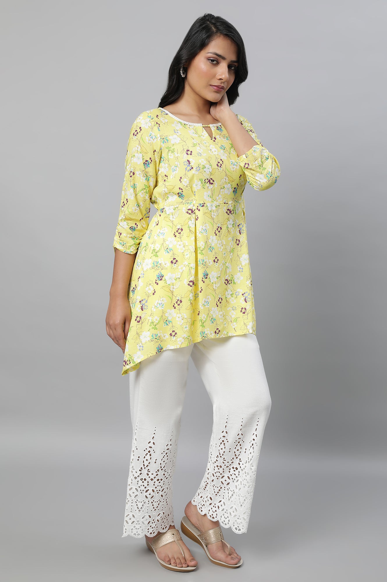 Yellow Floral Print Short kurta