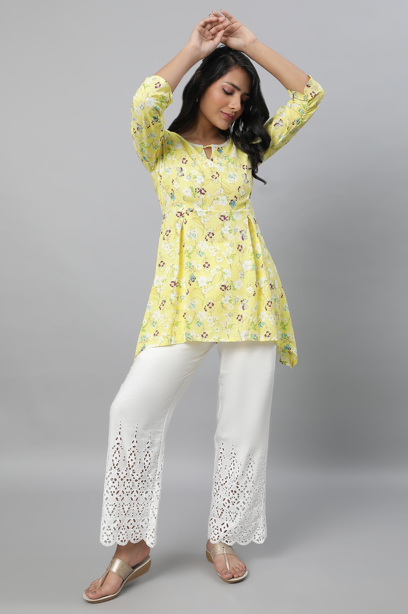 Yellow Floral Print Short kurta