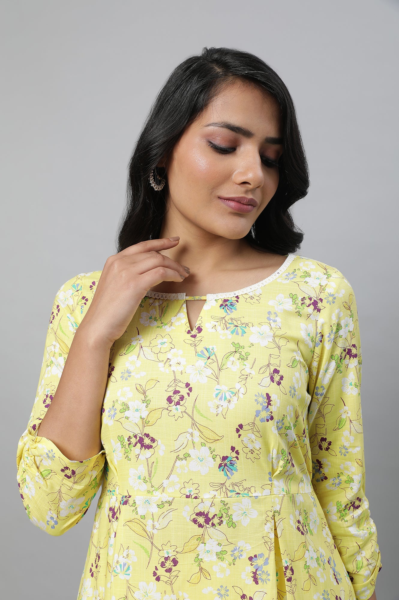 Yellow Floral Print Short kurta