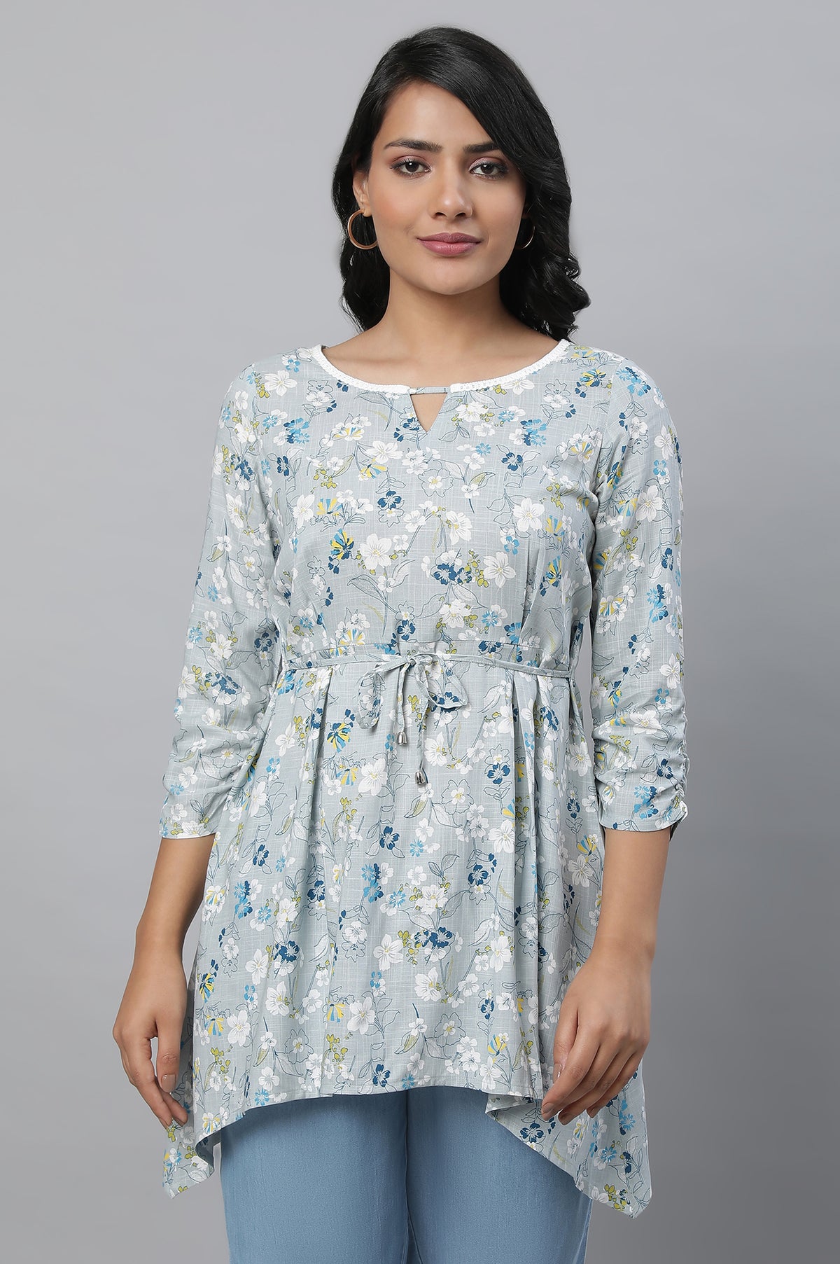 Grey Floral Print Short kurta - XS