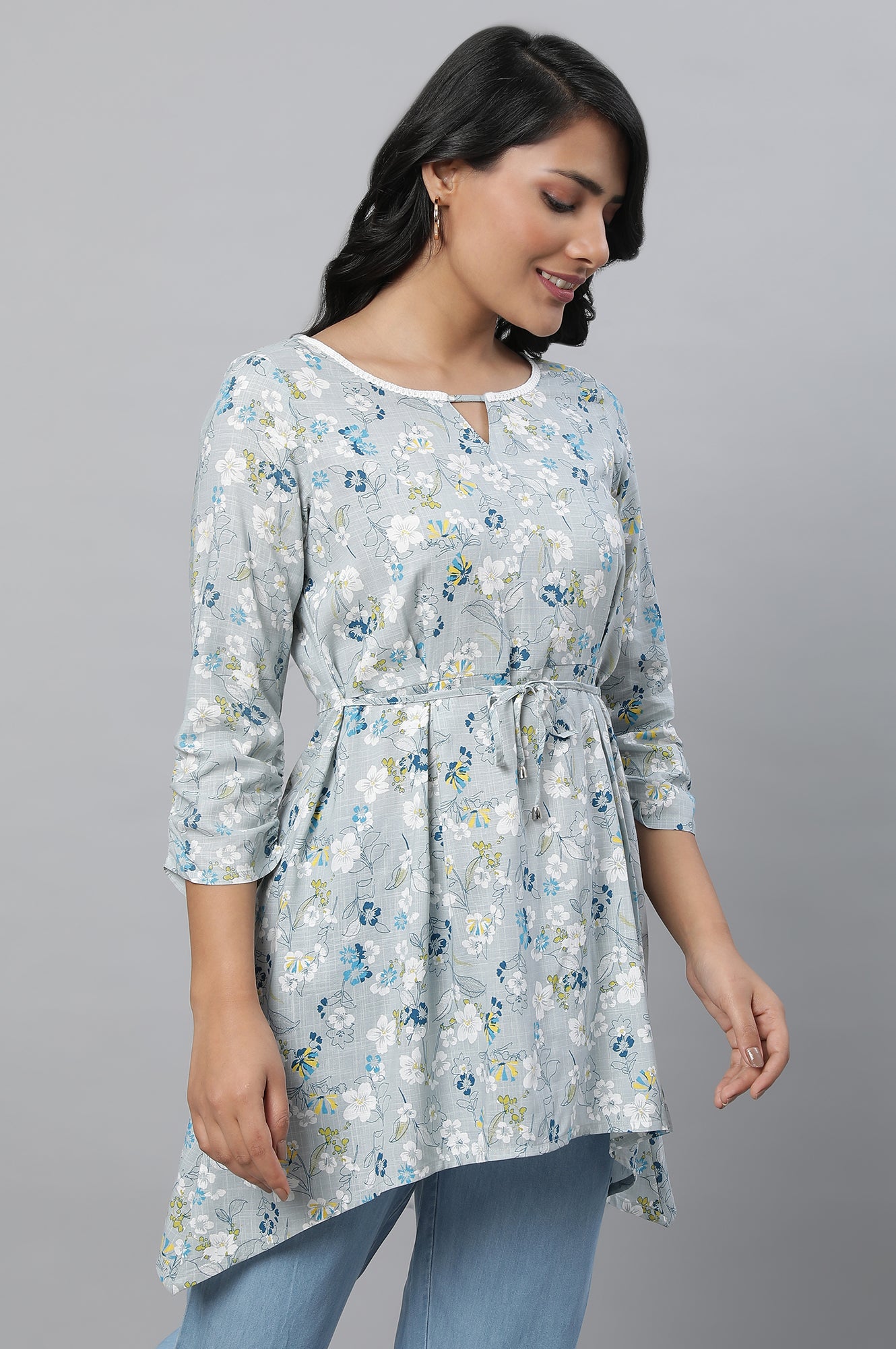 Grey Floral Print Short kurta