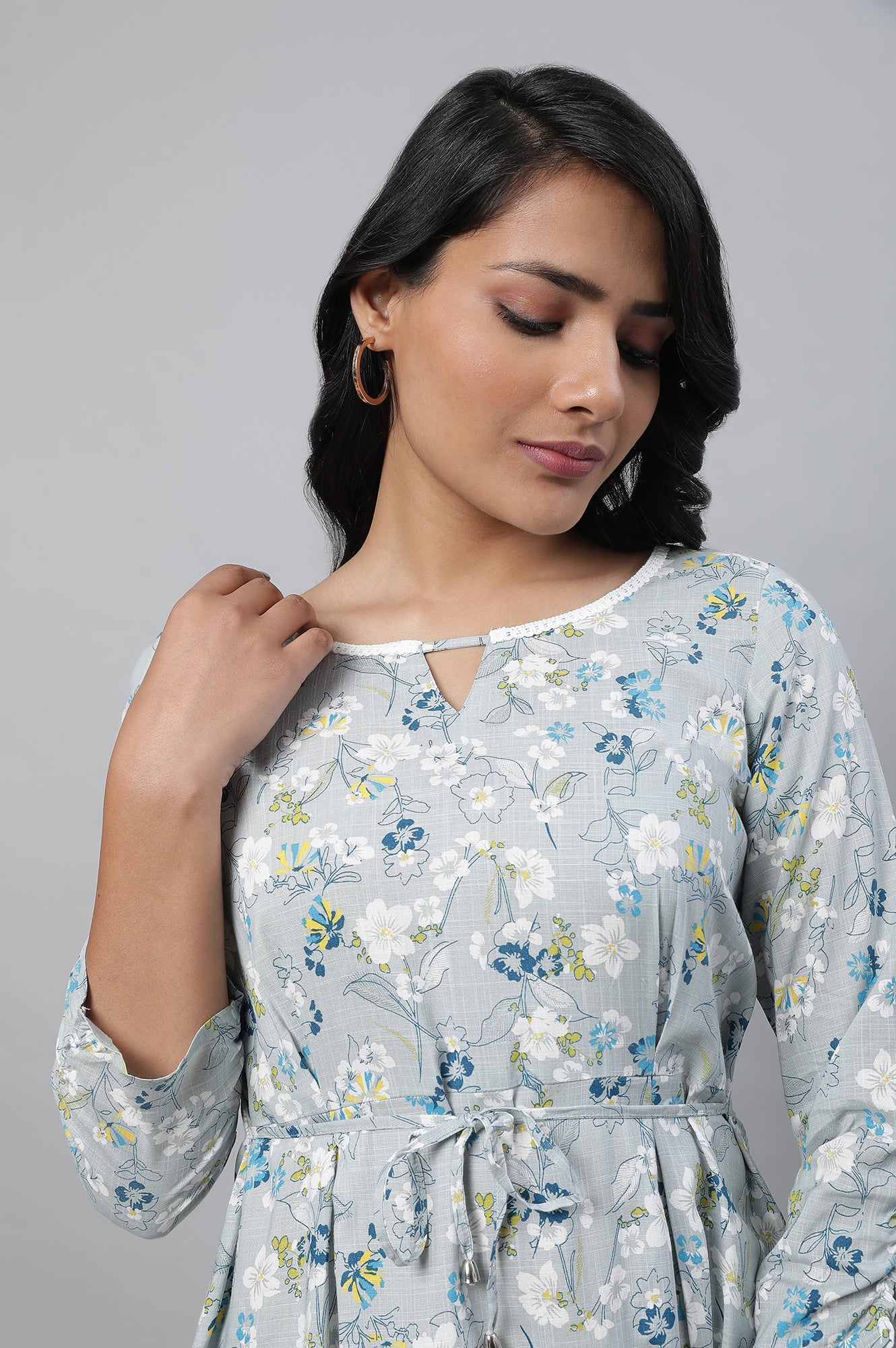 Grey Floral Print Short kurta