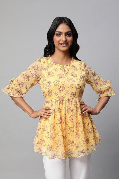 Yellow Floral Print Flared Short Chiffon kurta