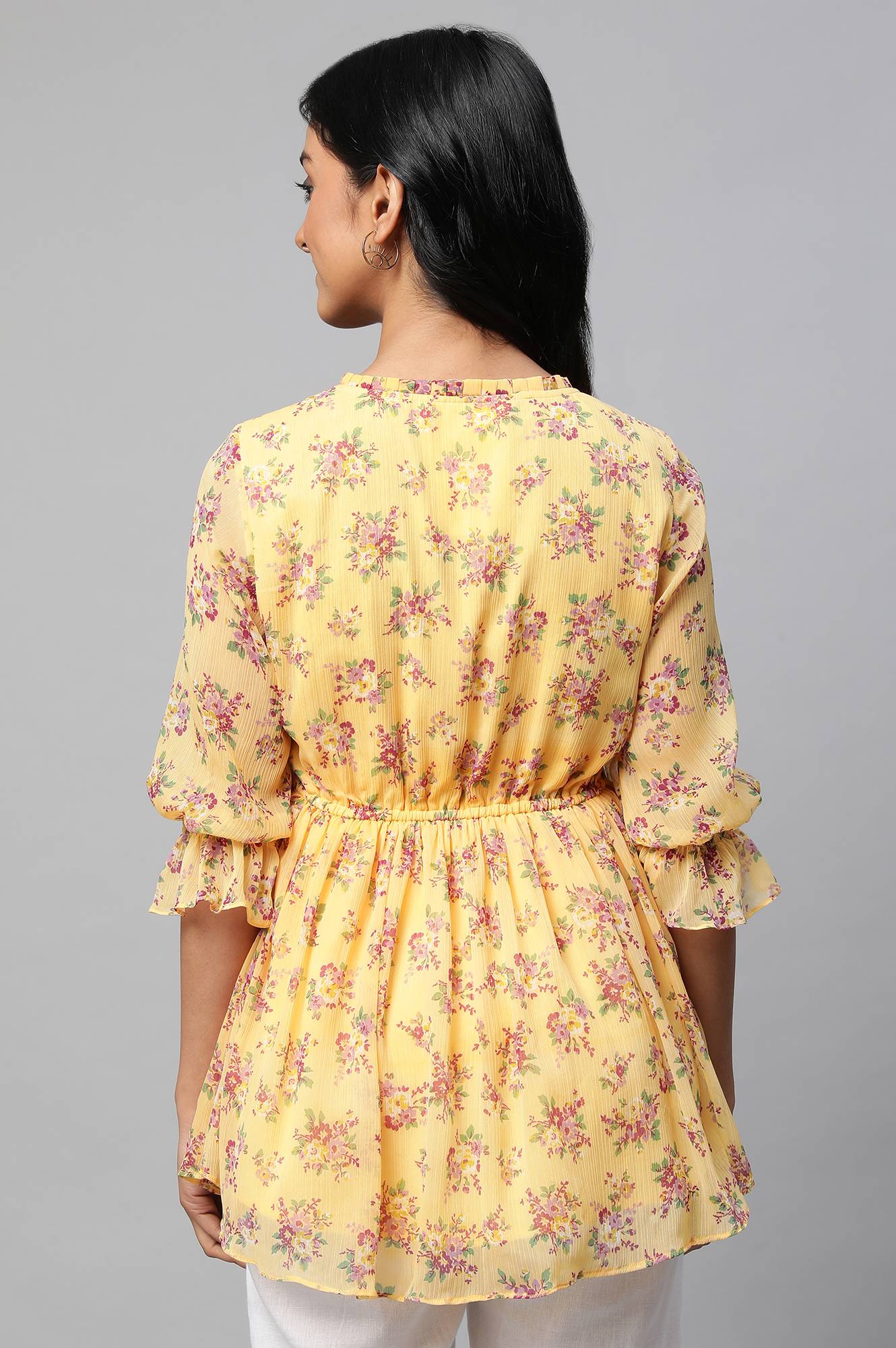 Yellow Floral Print Flared Short Chiffon kurta