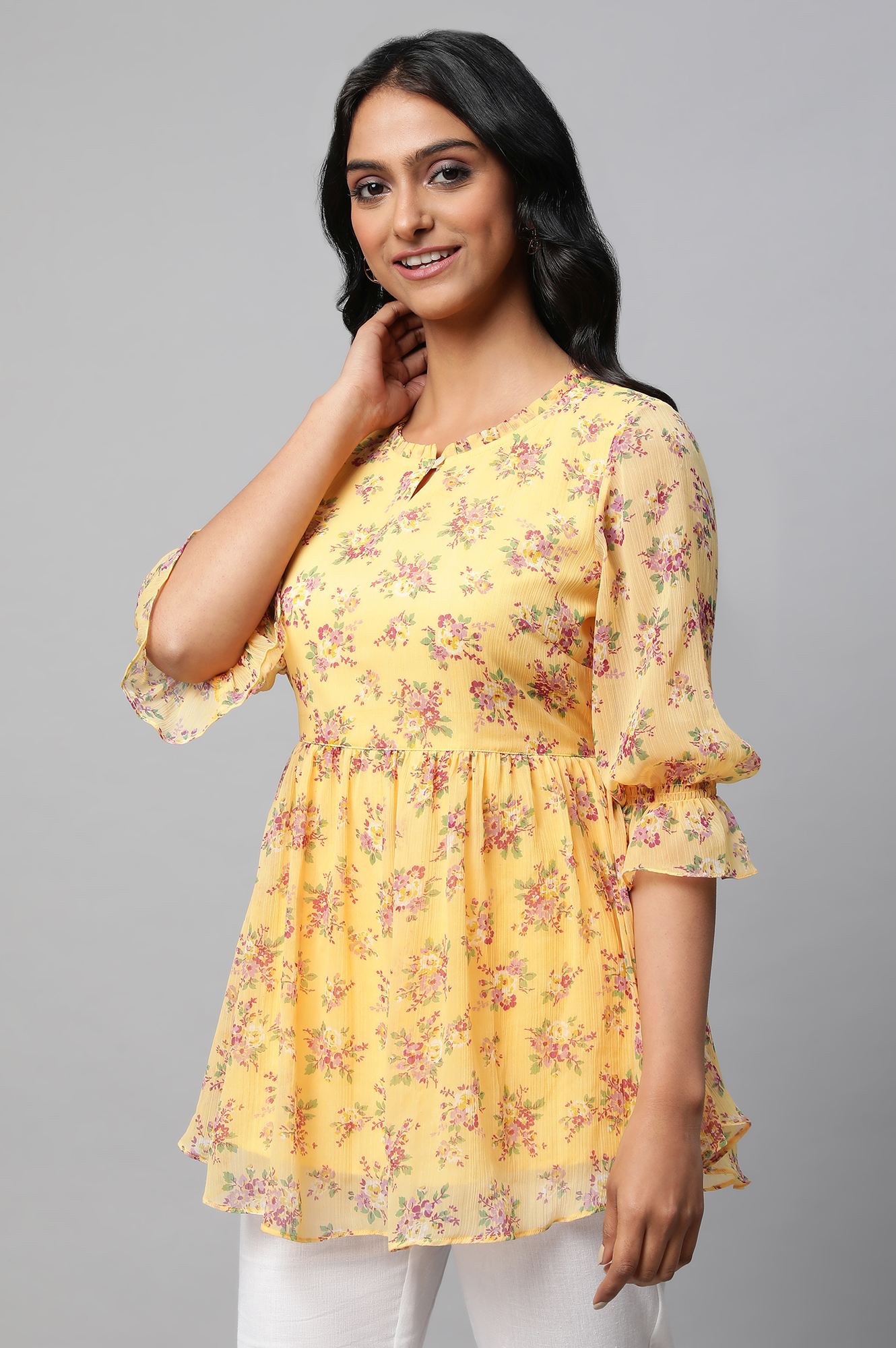 Yellow Floral Print Flared Short Chiffon kurta