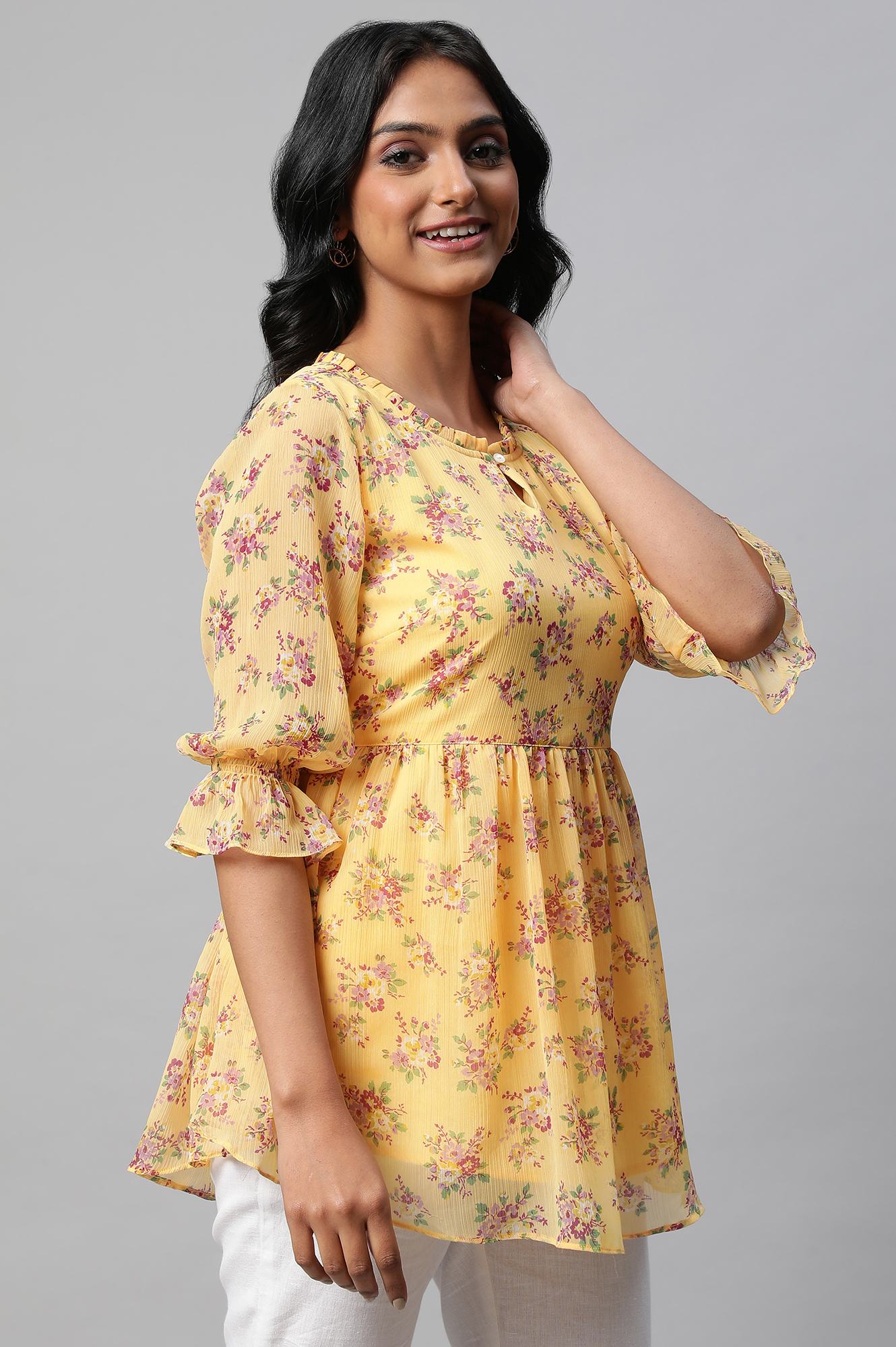 Yellow Floral Print Flared Short Chiffon kurta