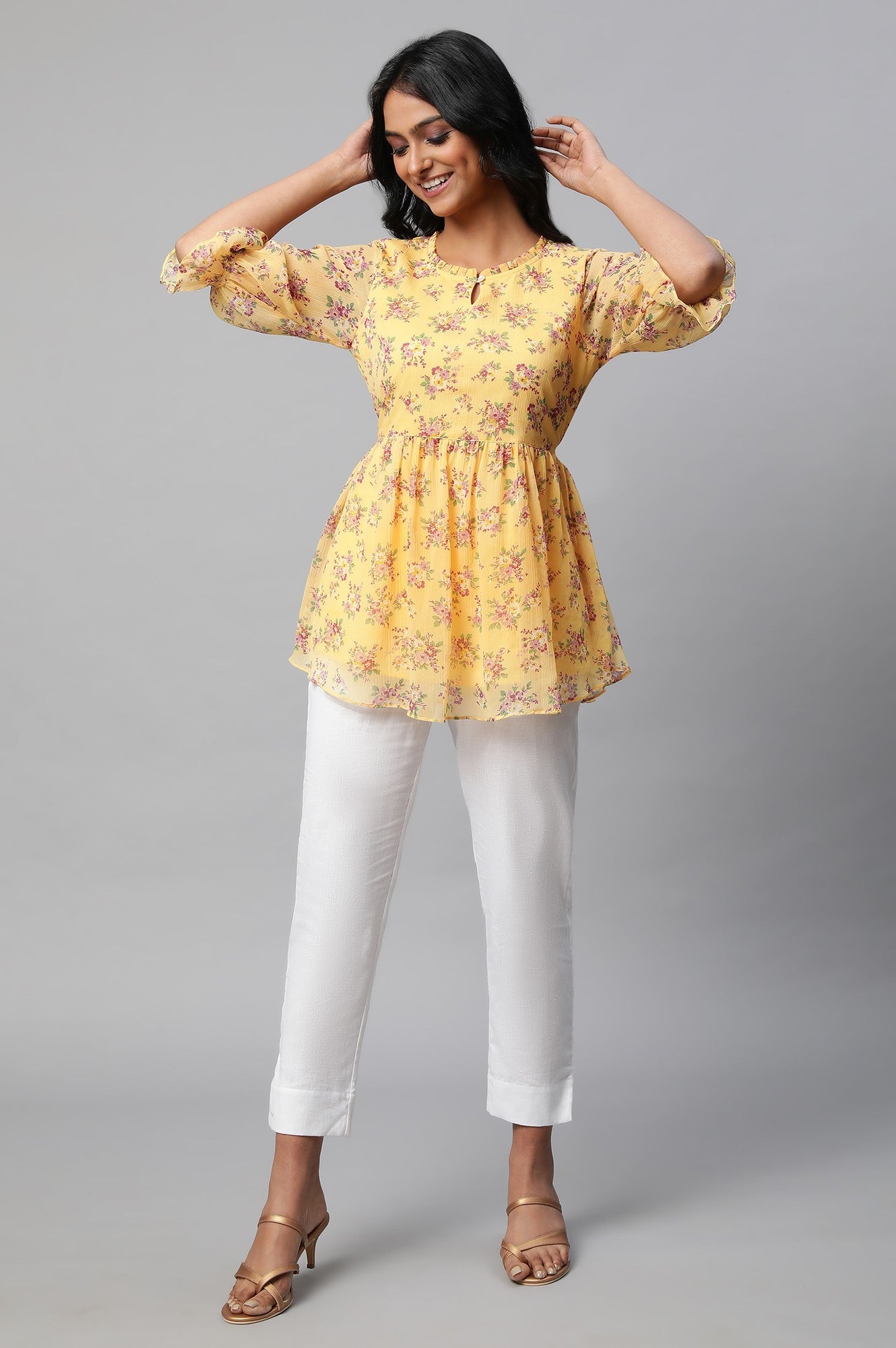 Yellow Floral Print Flared Short Chiffon kurta