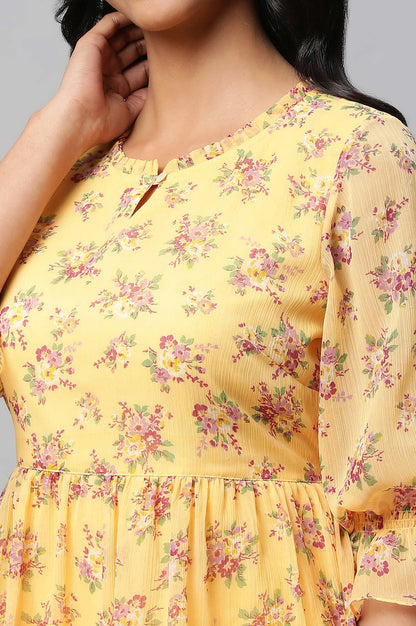 Yellow Floral Print Flared Short Chiffon kurta