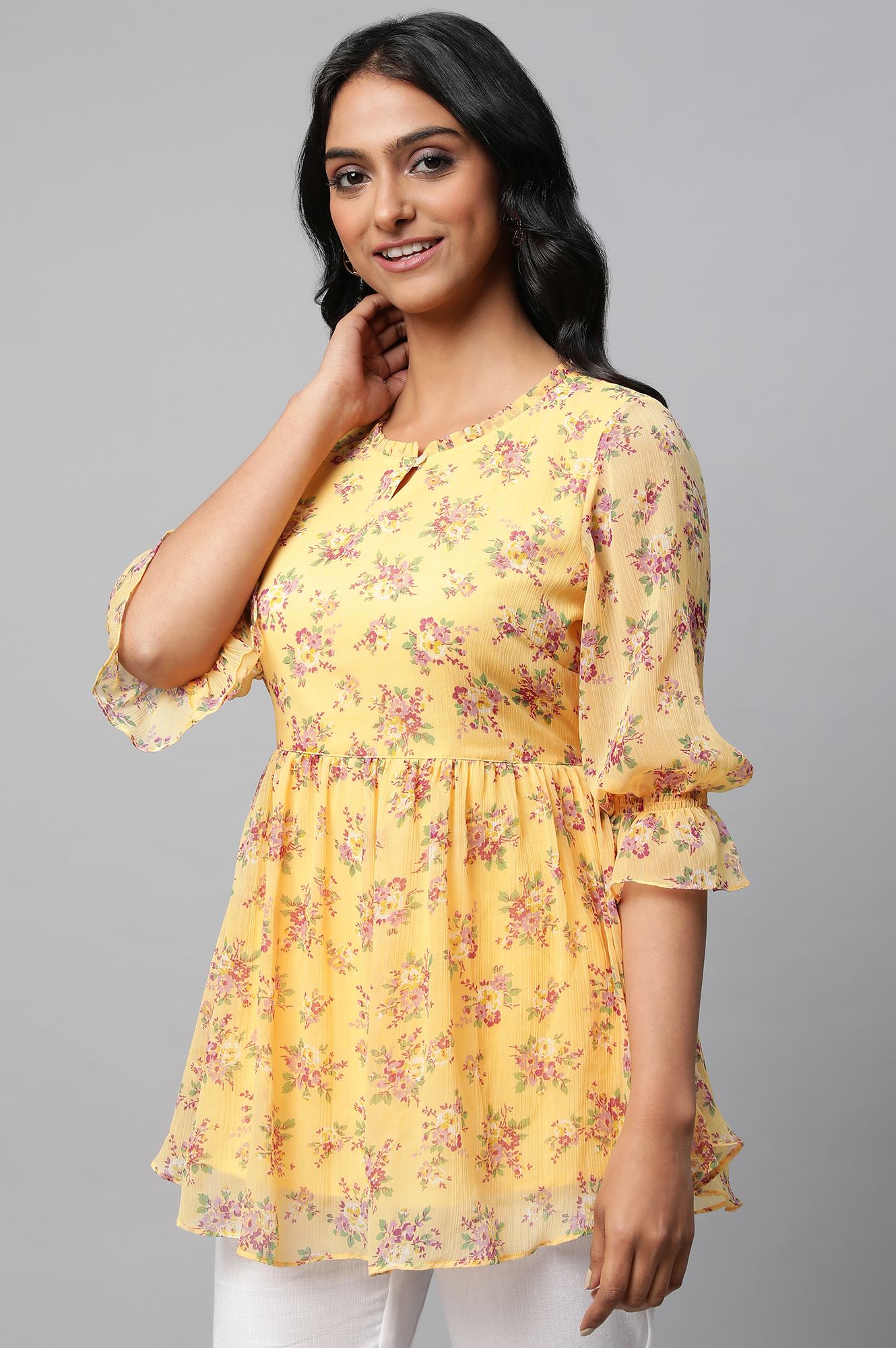 Yellow Floral Print Flared Short Chiffon kurta