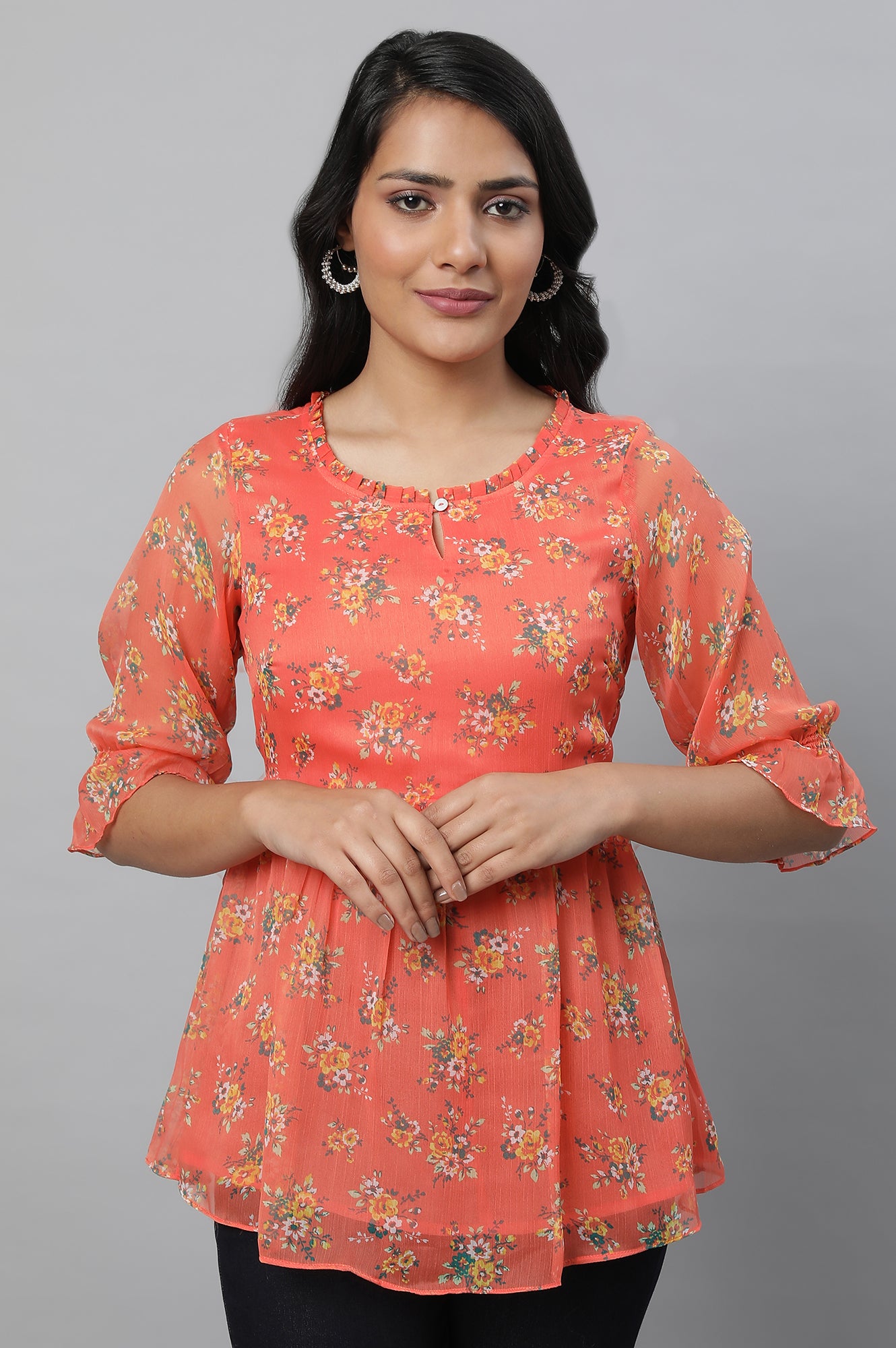 Orange Chiffon Floral Print Short kurta