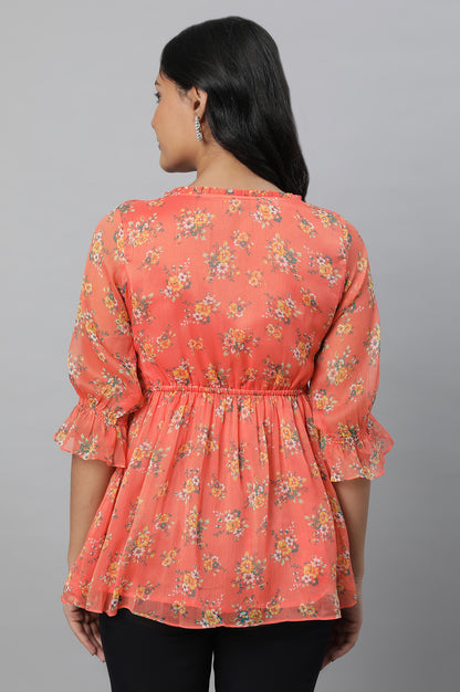 Orange Chiffon Floral Print Short kurta