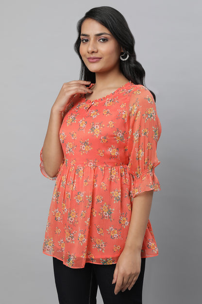 Orange Chiffon Floral Print Short kurta