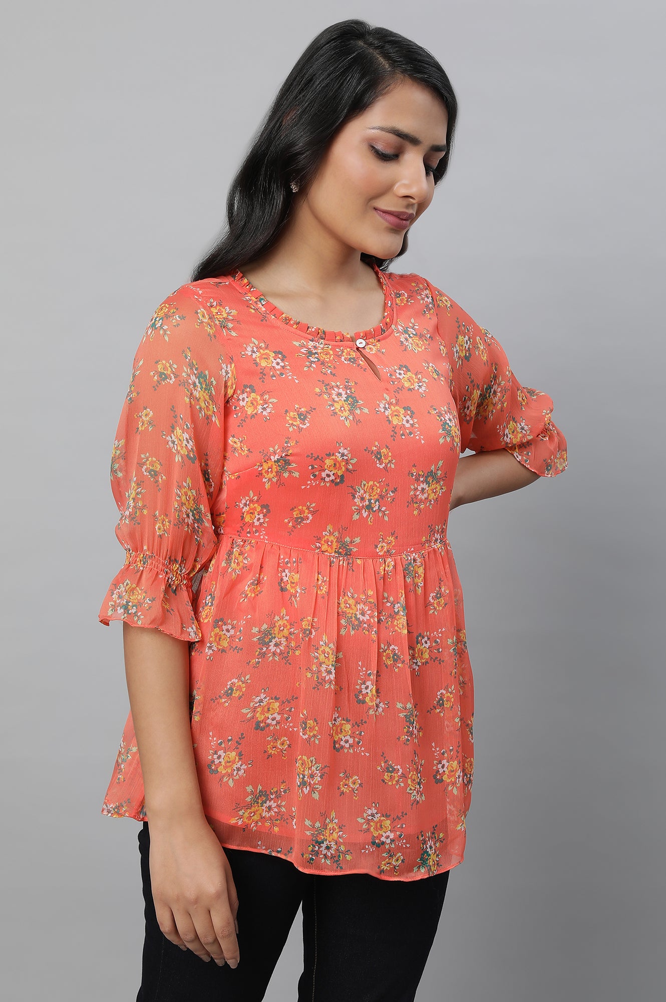 Orange Chiffon Floral Print Short kurta