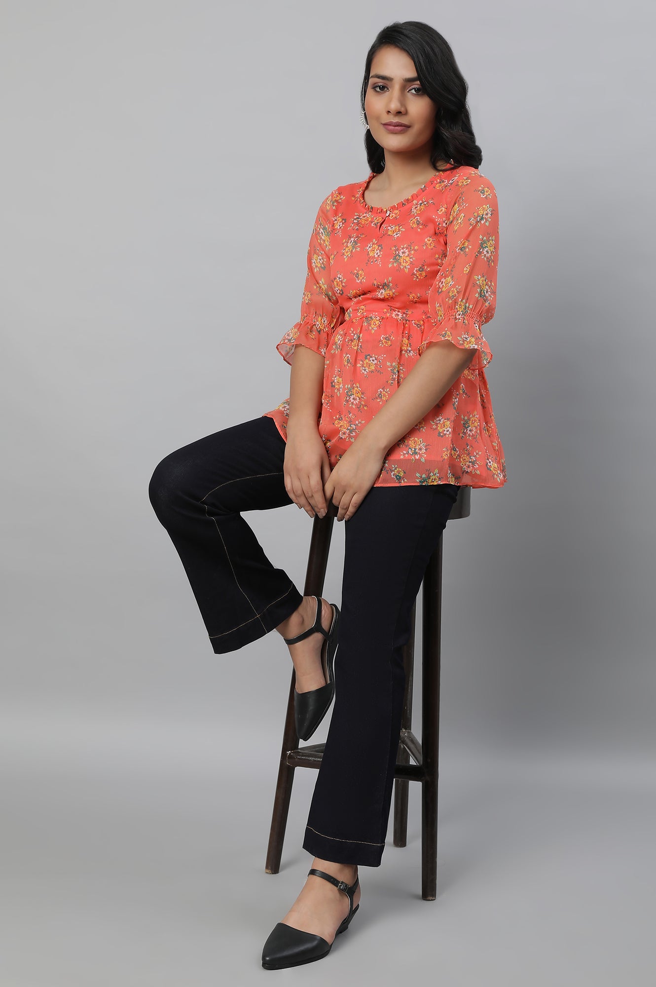 Orange Chiffon Floral Print Short kurta